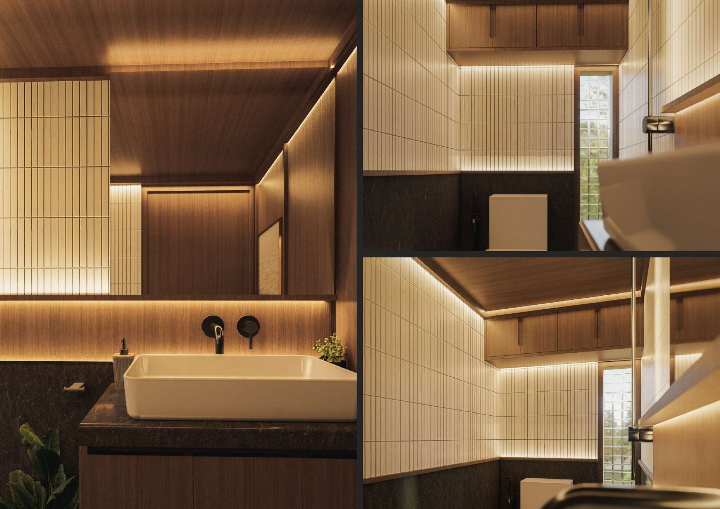 Studio Pinara warm powder room interior with timber ceiling and soft lighting
