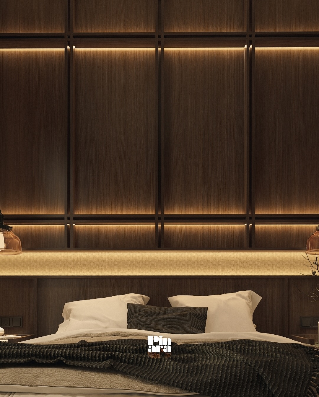Warm Pinara bedroom with dark wood panels