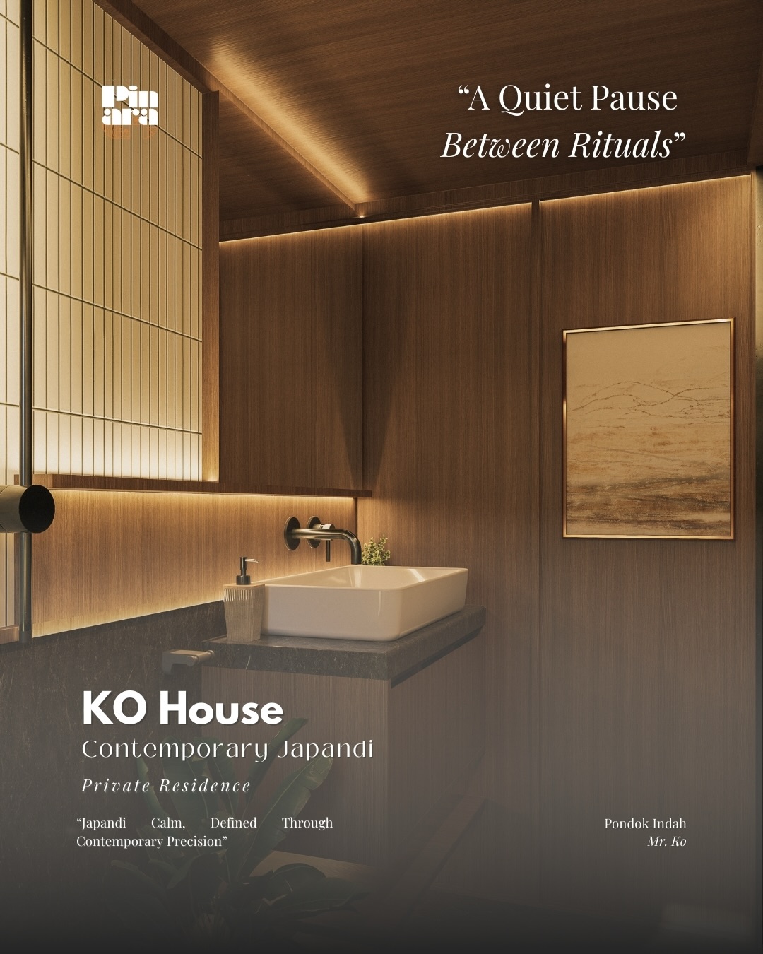 Studio Pinara warm powder room interior with timber ceiling and soft lighting